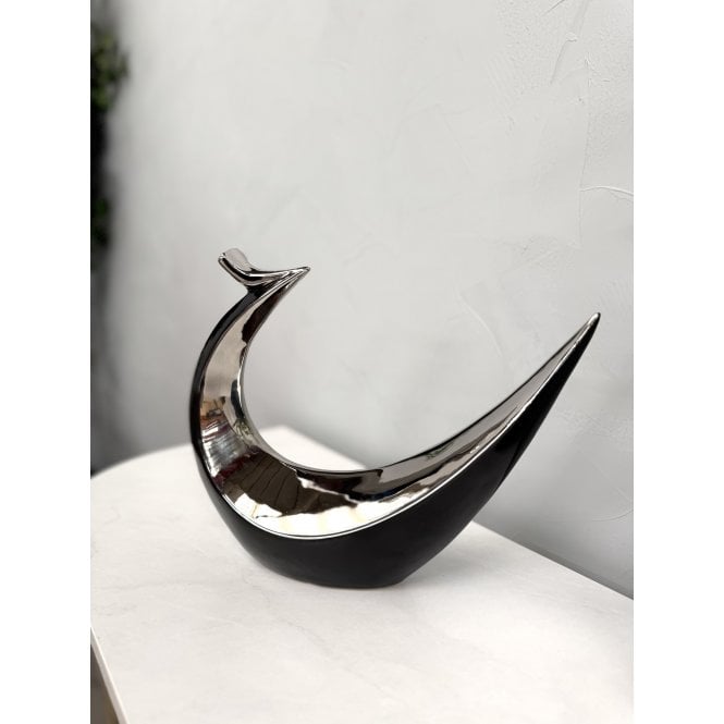 Hand Casted Ceramic Abstract Bird Sculpture - Black & Silver Glossy Finish