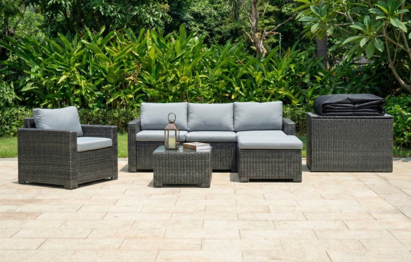 Marbella Grey 5 Seater Chaise Garden Sofa Set, Cover and Cushion Box Bundle - PN Home
