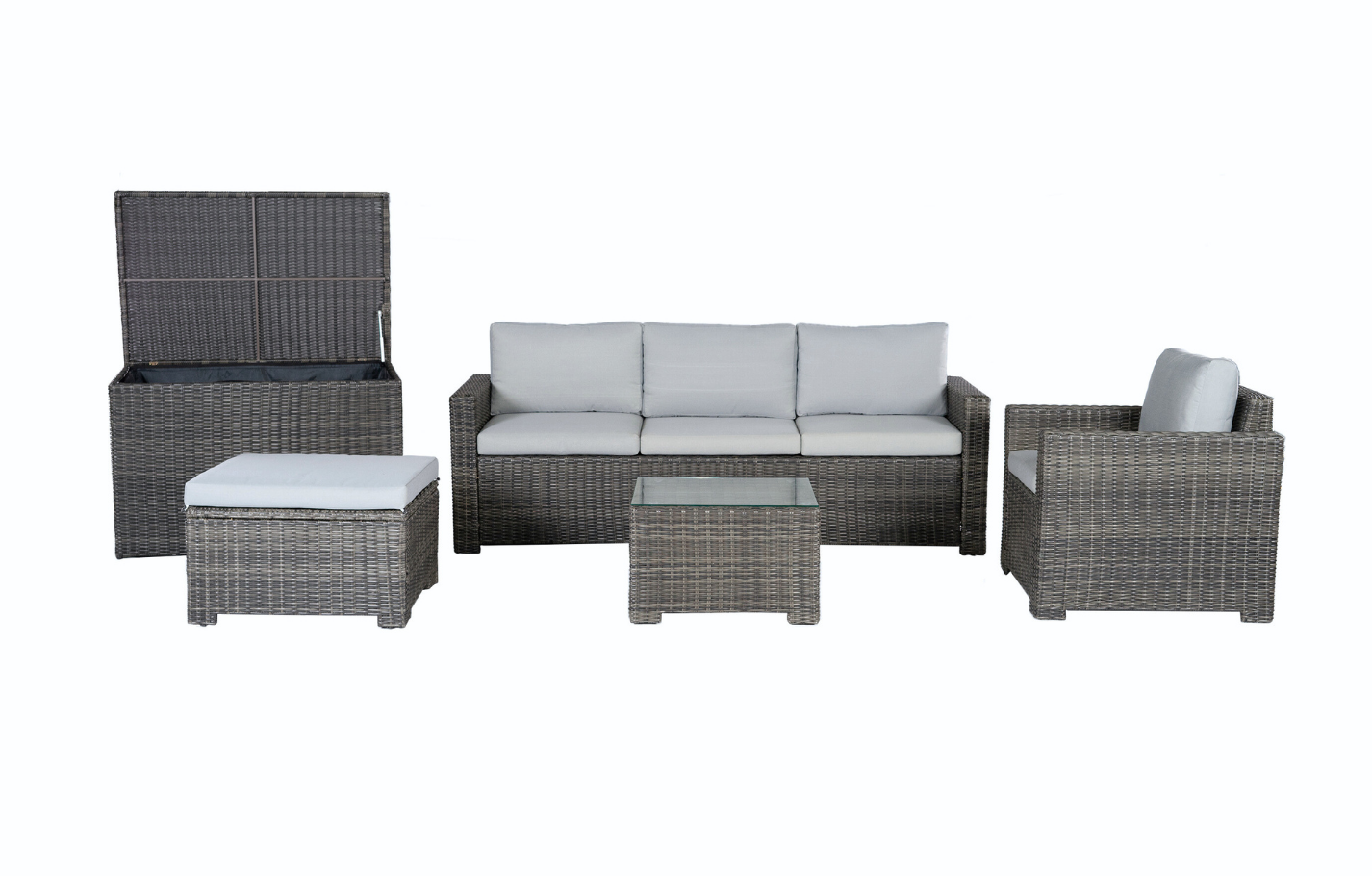 Marbella Grey 5 Seater Chaise Garden Sofa Set, Cover and Cushion Box Bundle - PN Home
