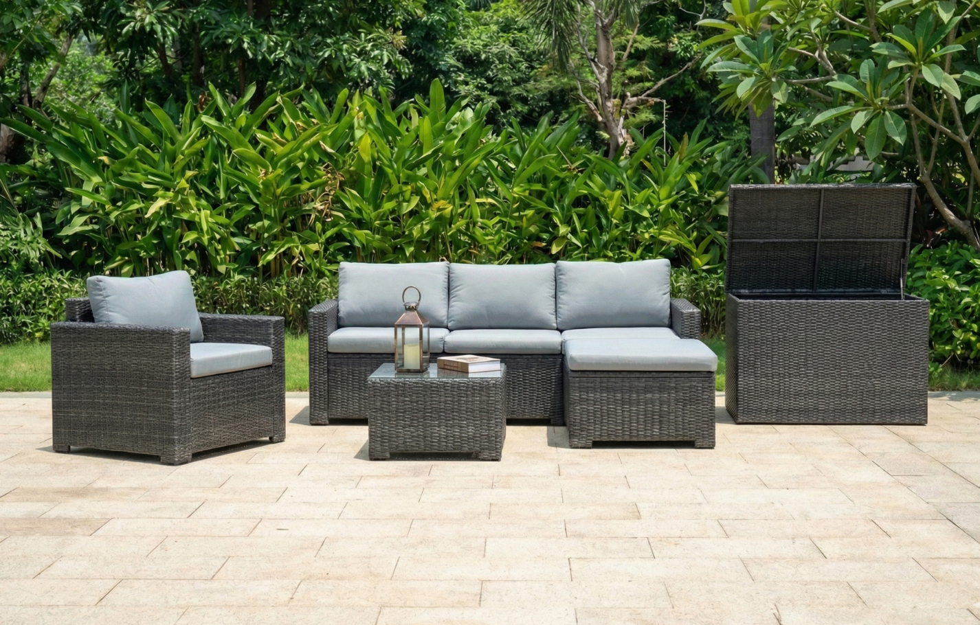 Marbella Grey 5 Seater Chaise Garden Sofa Set and Cushion Box Bundle - PN Home