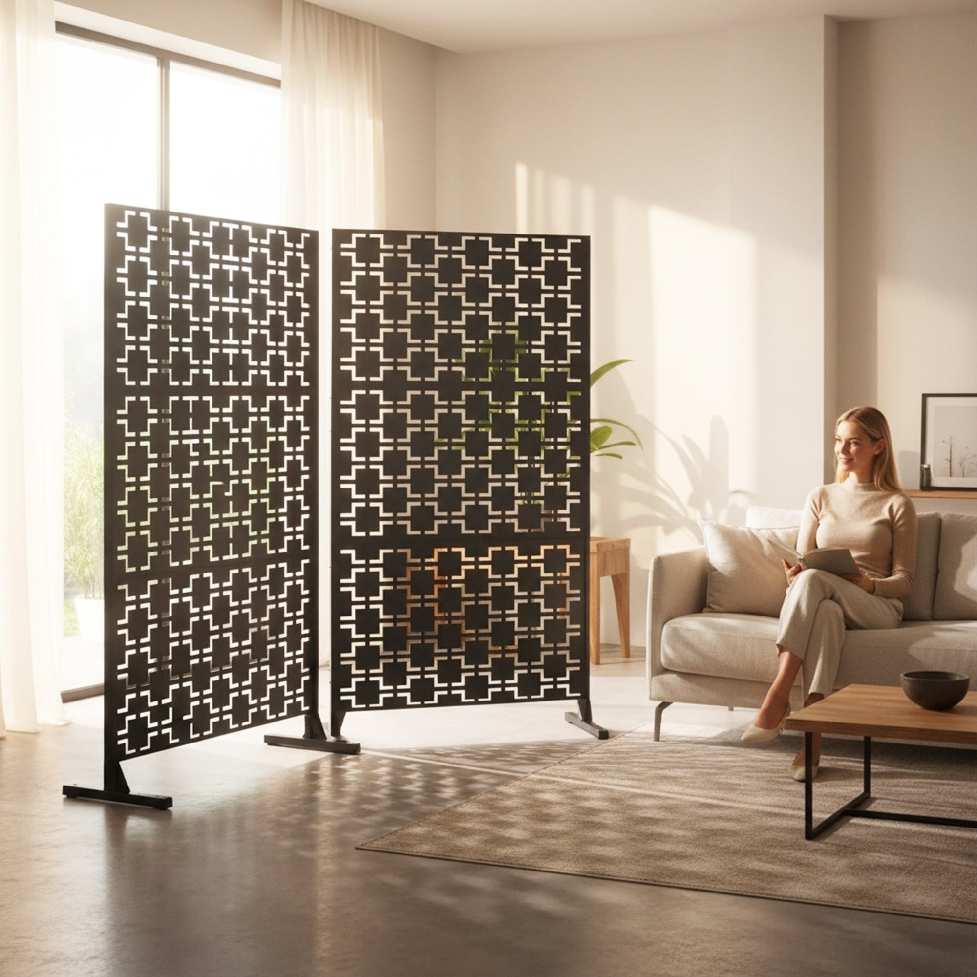Metal Indoor/Outdoor Privacy Screen with Stand 120cm x 180cm - Squares - PN Home