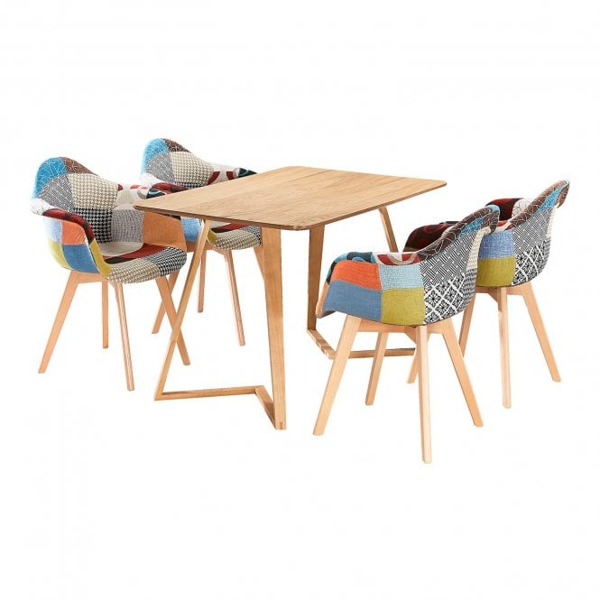 Patchwork Dallas Dining Set for 4 - a Wooden Dining Table & Set of 4 Pacthwork Tub Dining Chairs with Armrests - Scandinavian Design
