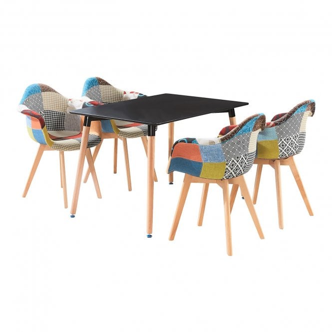 Patchwork Halo Dining Set - Set of 4 Tub Retro Chairs with Armrests & a Halo Table w/ Solid Wooden Legs