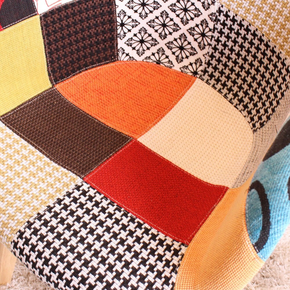 patchwork chair with wooden legs
