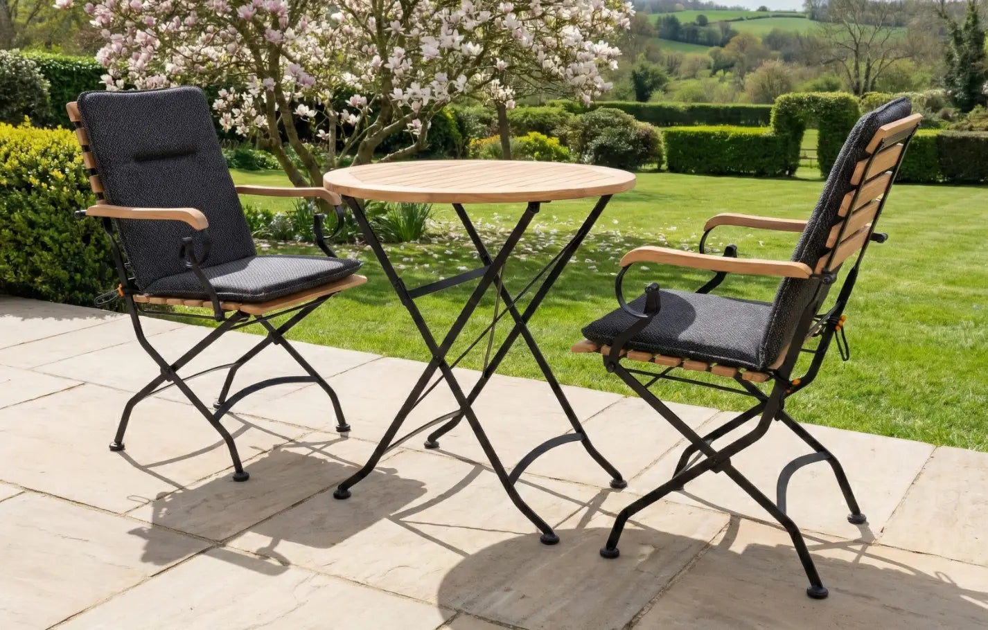 Sicily 2 Seater Teak and Wrought Iron Round 70cm Garden Dining Set - PN Home