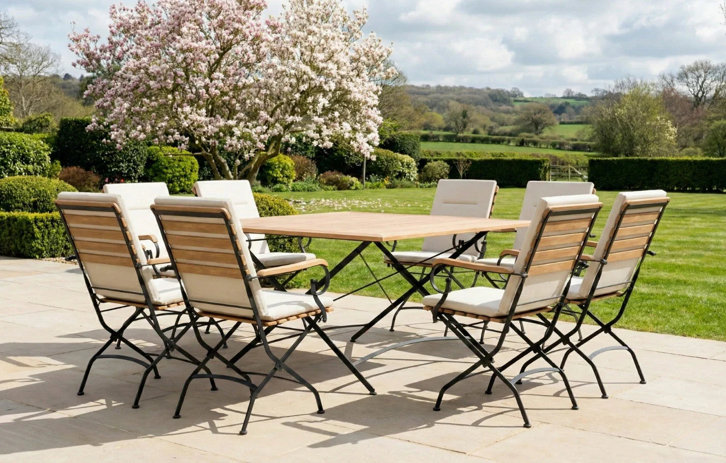 Sicily 8 Seater Teak and Wrought Iron Square 140cm Garden Dining Set - PN Home