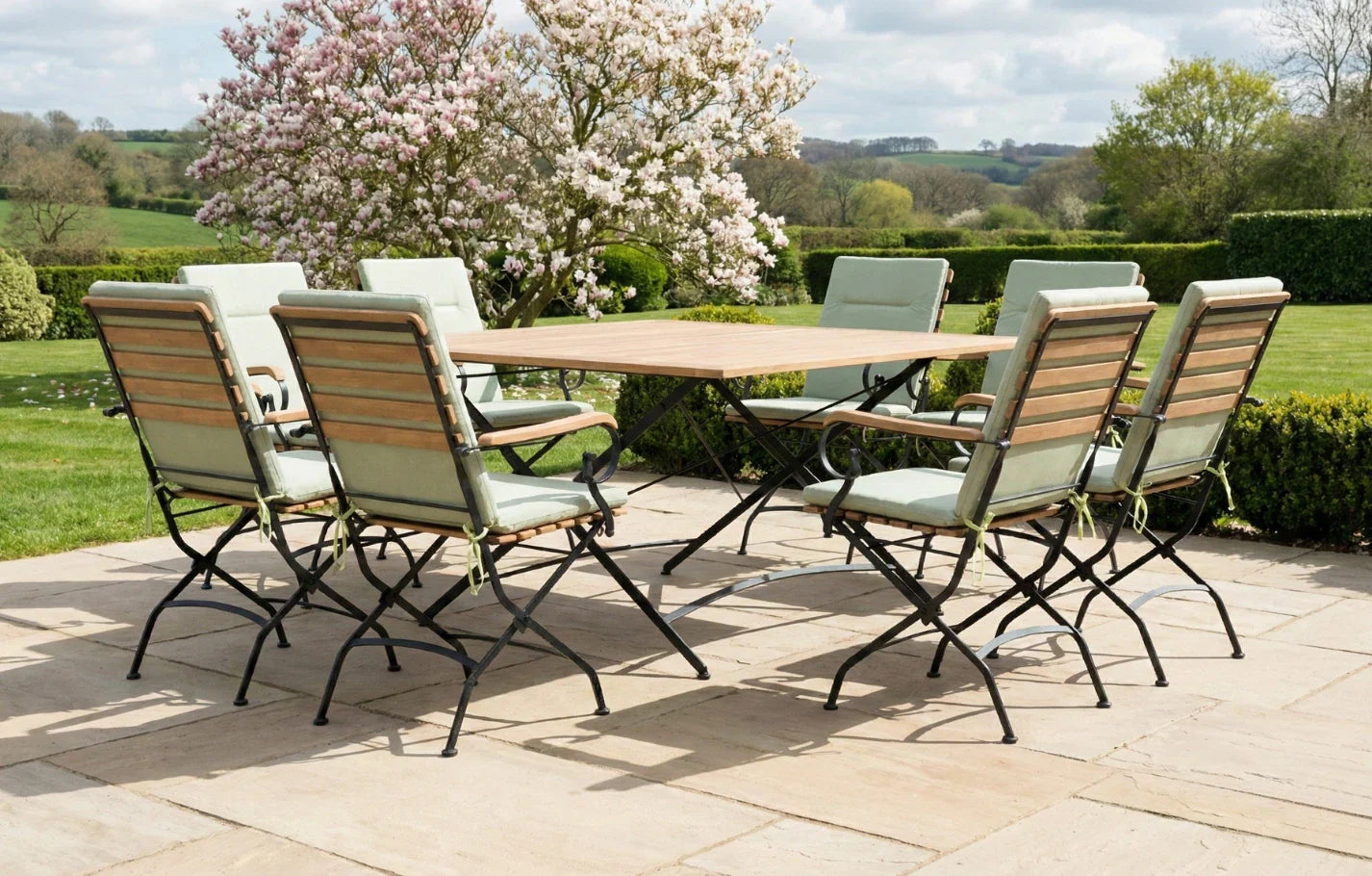 Sicily 8 Seater Teak and Wrought Iron Square 140cm Garden Dining Set - PN Home