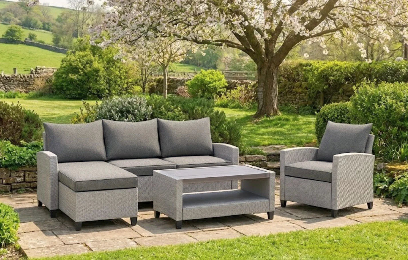 Stockholm Rattan Grey 4 Seater Garden Chaise Lounge Set with Armchair - PN Home