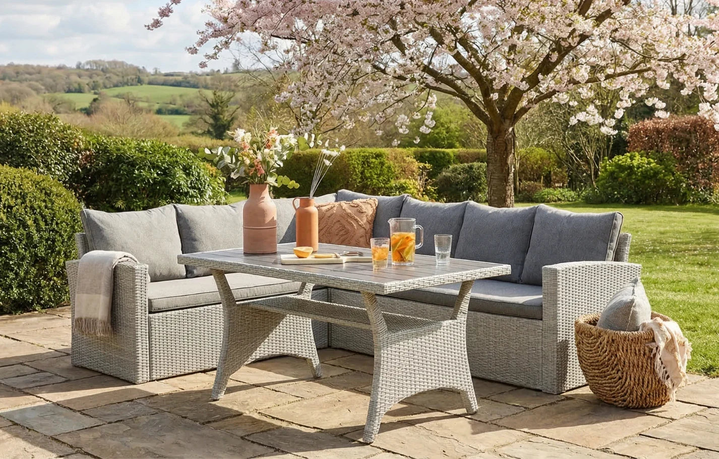 Stockholm 6 Seater Grey Rattan Corner Garden Dining and Lounge Set - PN Home