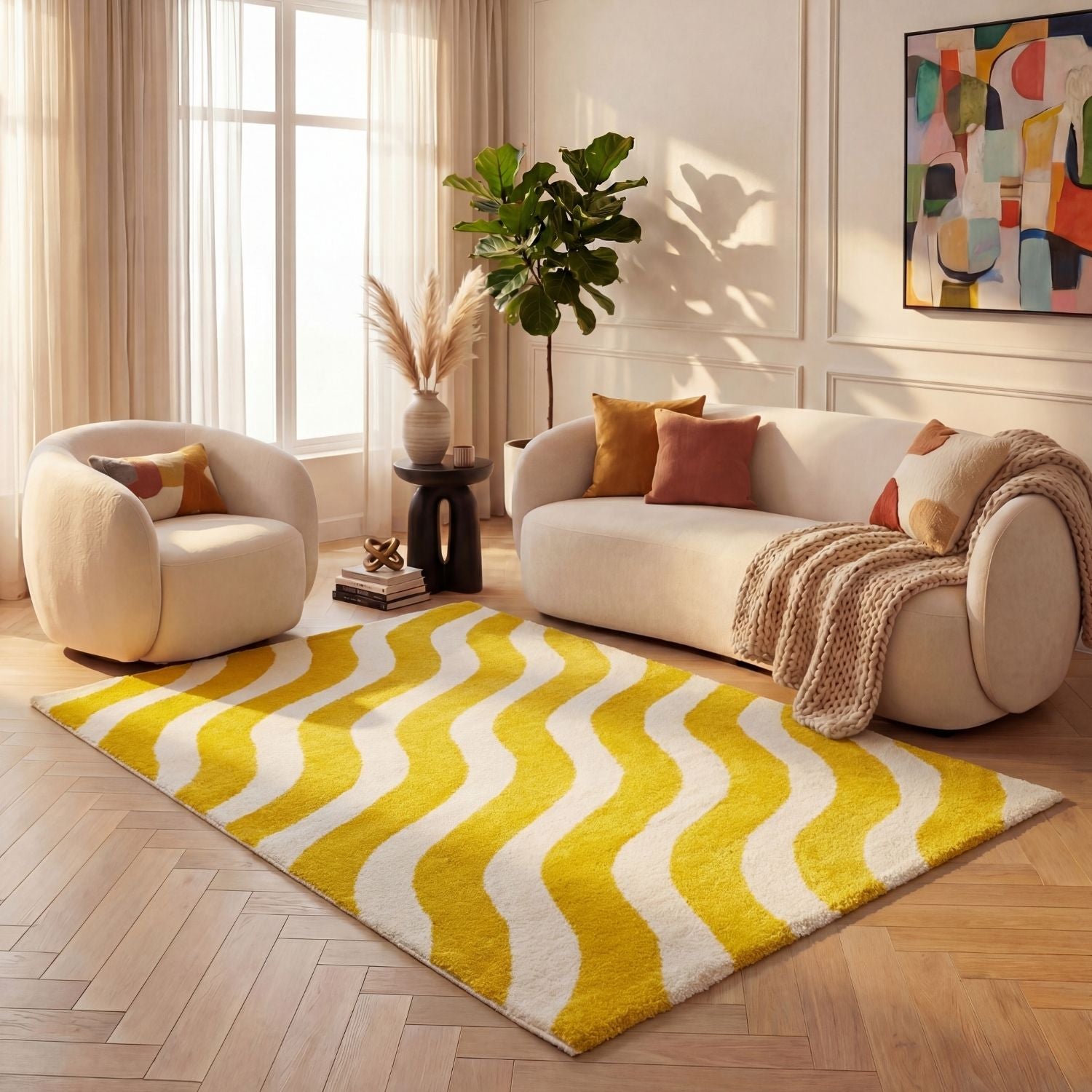 Joli Wave Yellow & White Rug - PN Home