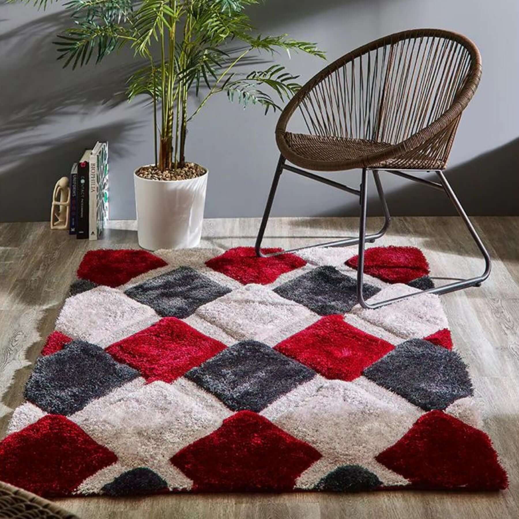 3D Red Geometric Shaggy Rug - PN Home