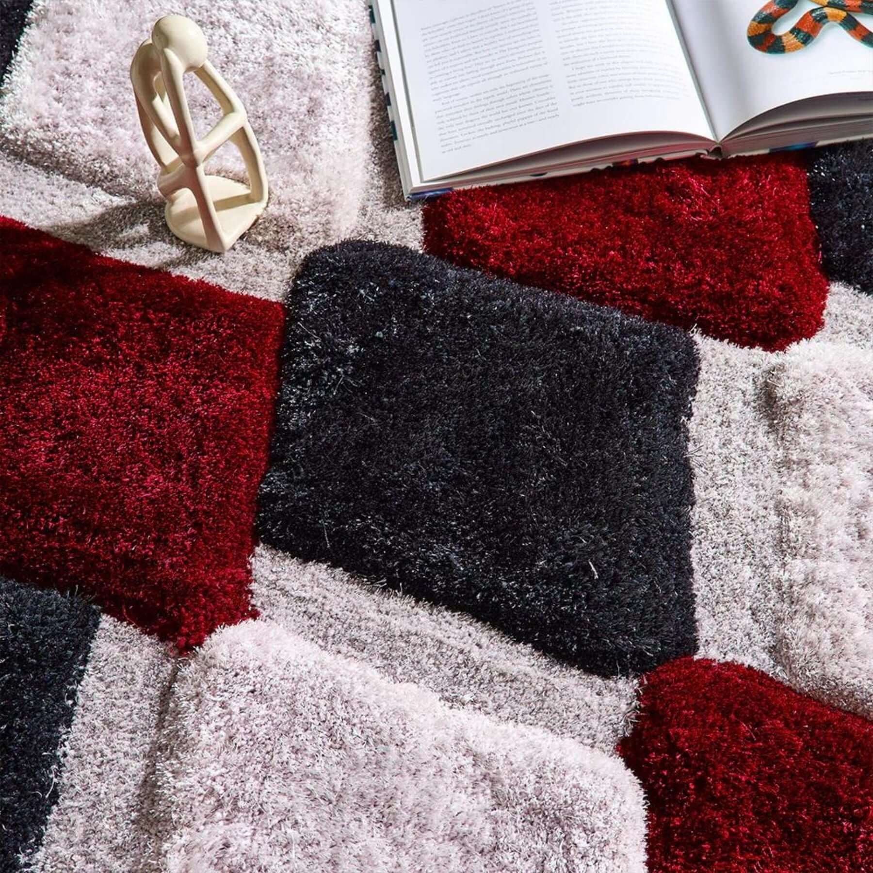 3D Red Geometric Shaggy Rug - PN Home