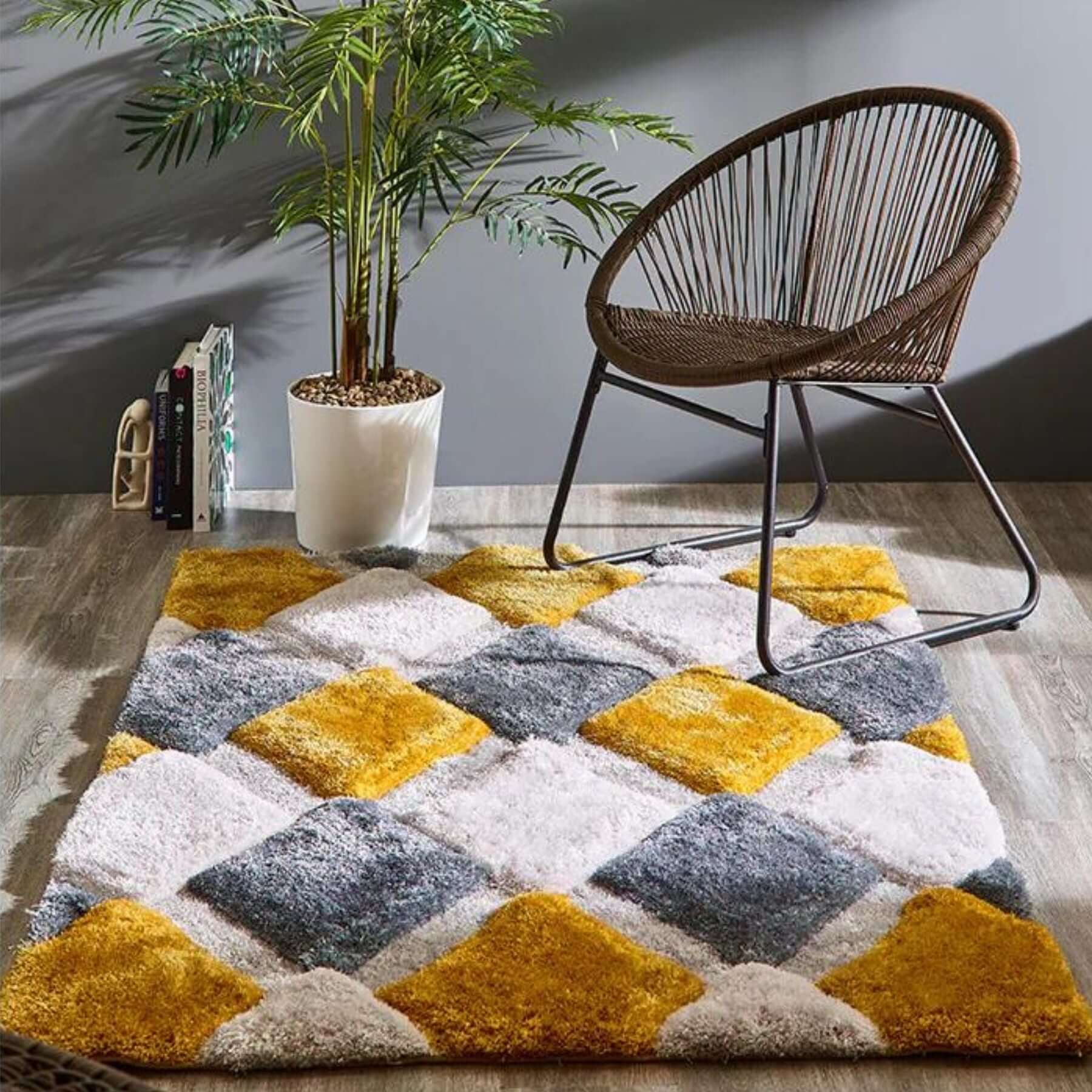 3D Ochre Geometric Shaggy Rug - PN Home