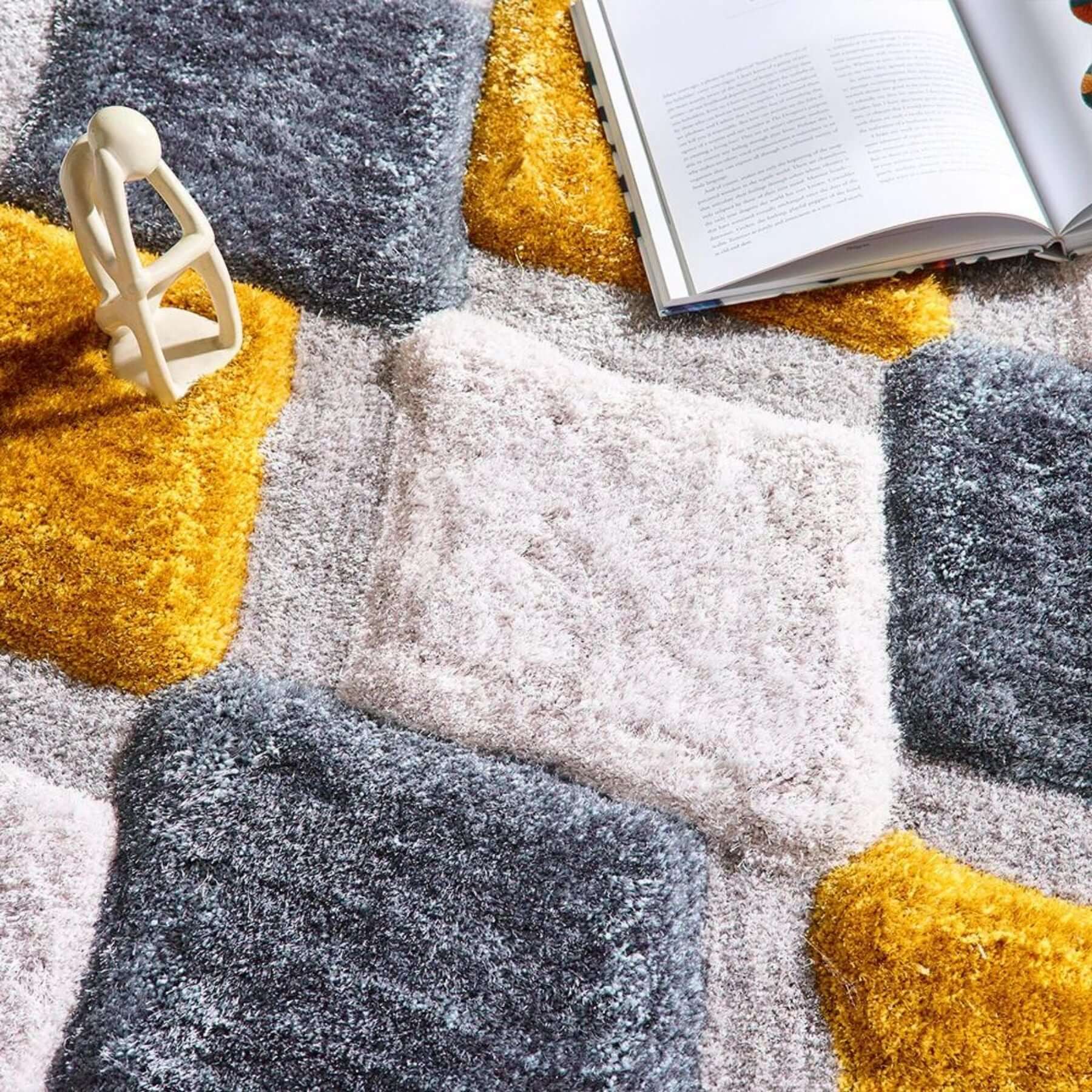 3D Ochre Geometric Shaggy Rug - PN Home