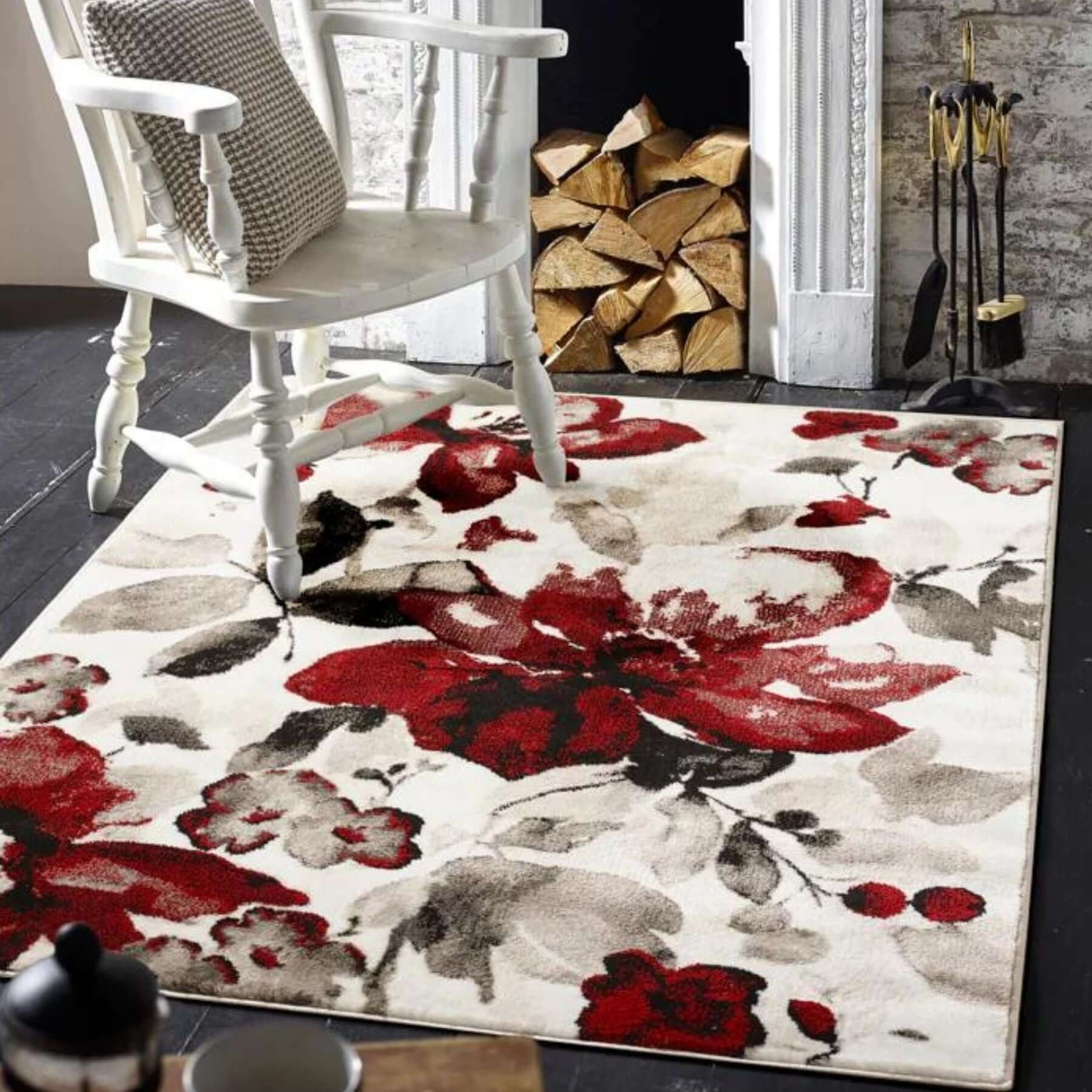Watercolour Floral Design Rug - Red - PN Home