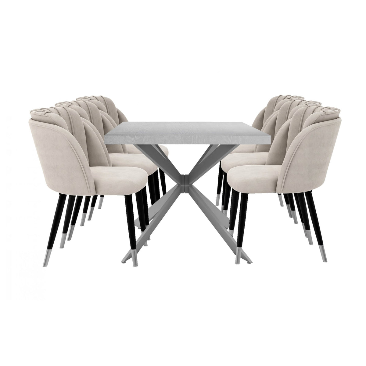 Milano Duke LUX Dining Set Dining Table & 6 Velvet Dining Chairs Silver End Caps