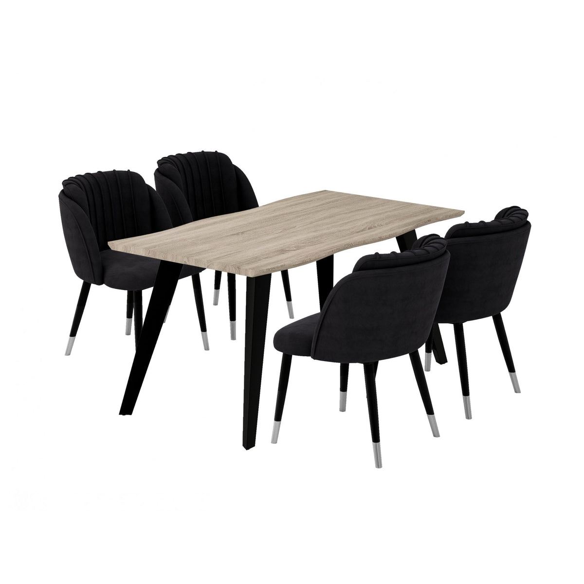 Milano Duke LUX Dining Set Light Walunt Dining Table & 4 Velvet Dining Chairs End Caps