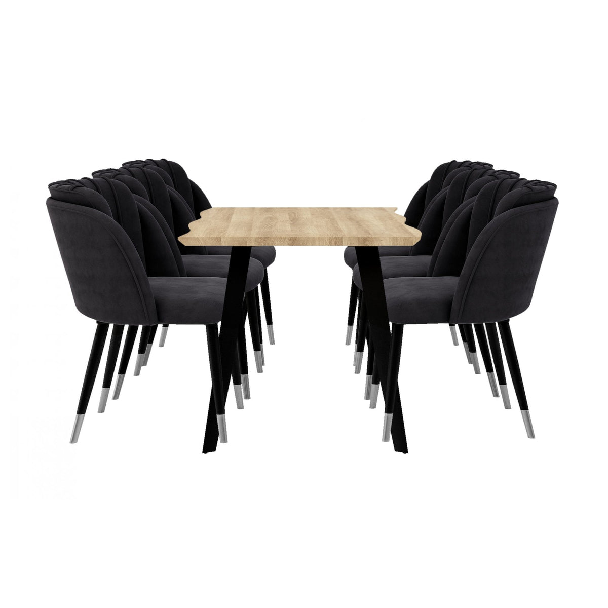 Milano Rocco Duke LUX Dining Set Oak Dining Table & 6 Velvet Dining Chairs End Caps