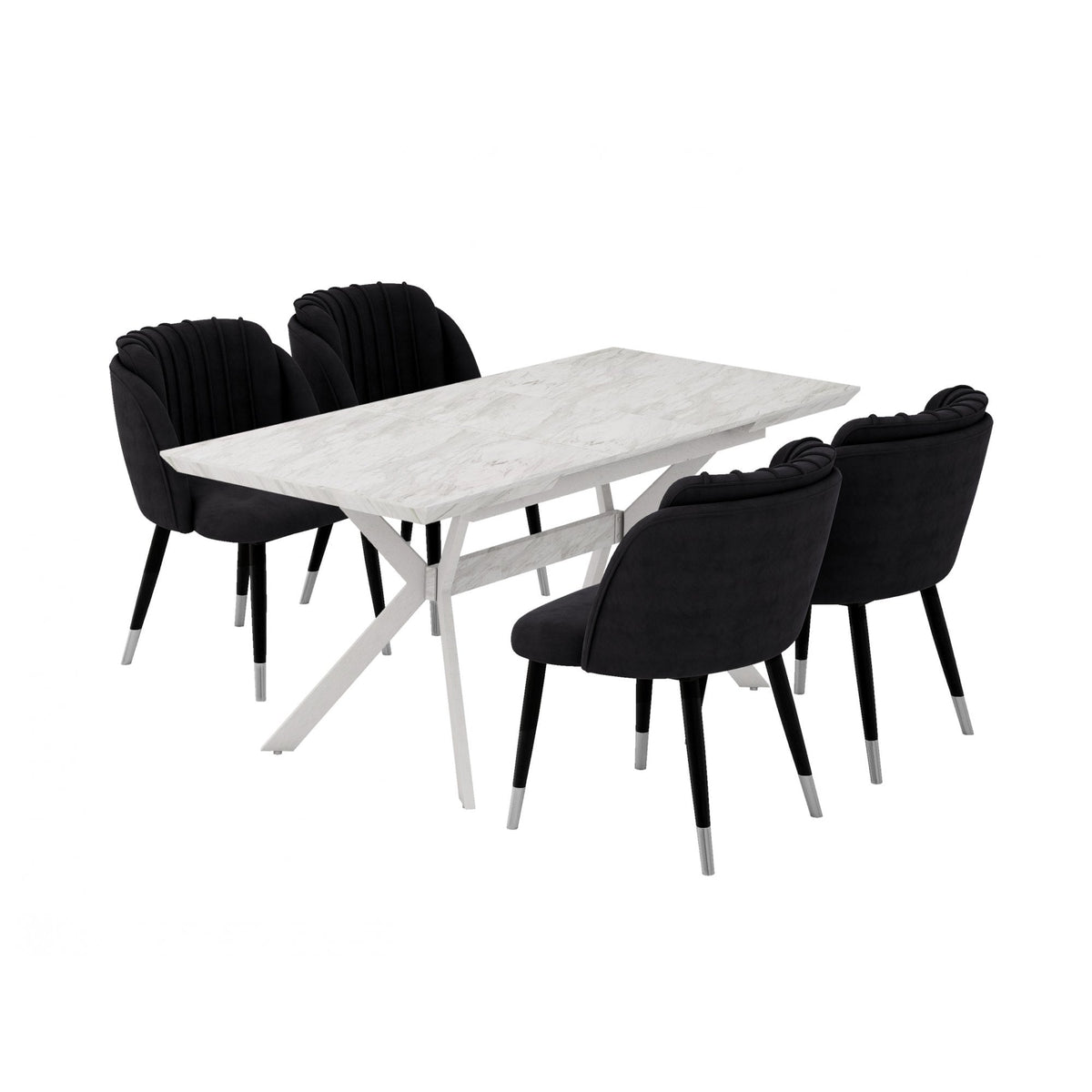 Milano Blaze LUX Dining Set EXTENDABLE Dining Table & 4 Velvet Dining Chairs Silver End Caps