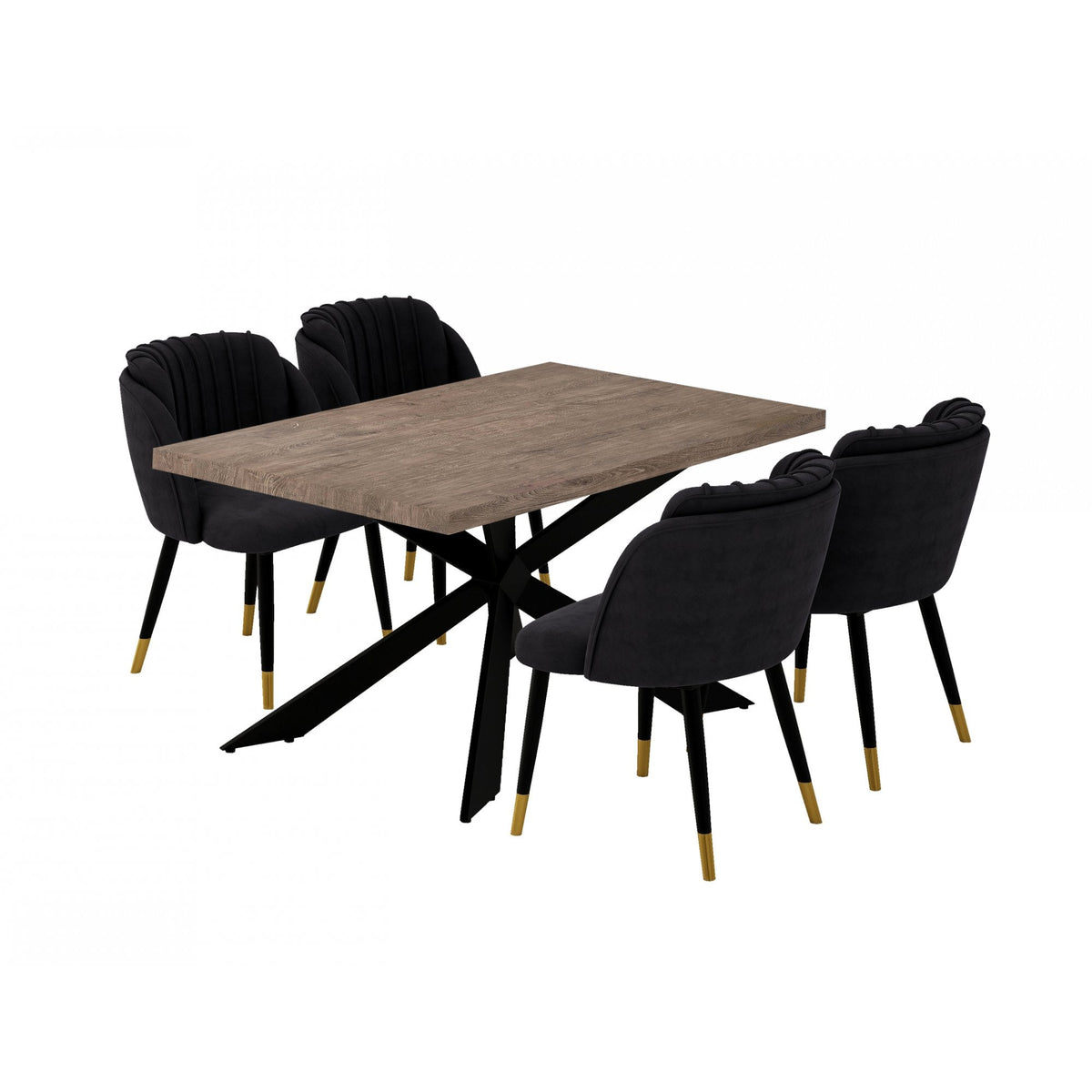 Milano Duke LUX Dining Set Walnut Dining Table & 4 Velvet Dining Chairs End Caps