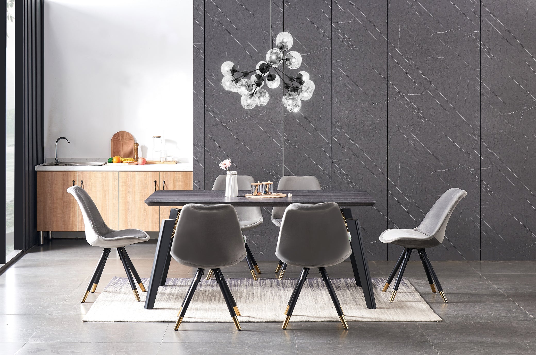 Sofia Cosmo Black LUX Dining Set with 6 Velvet Chairs