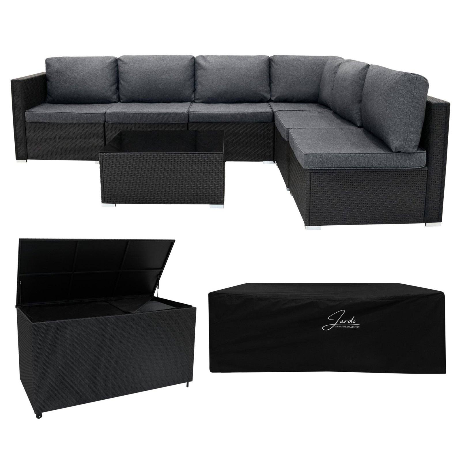 Rattan Modular 7 Piece Furniture Set & 996L Storage Box - Black