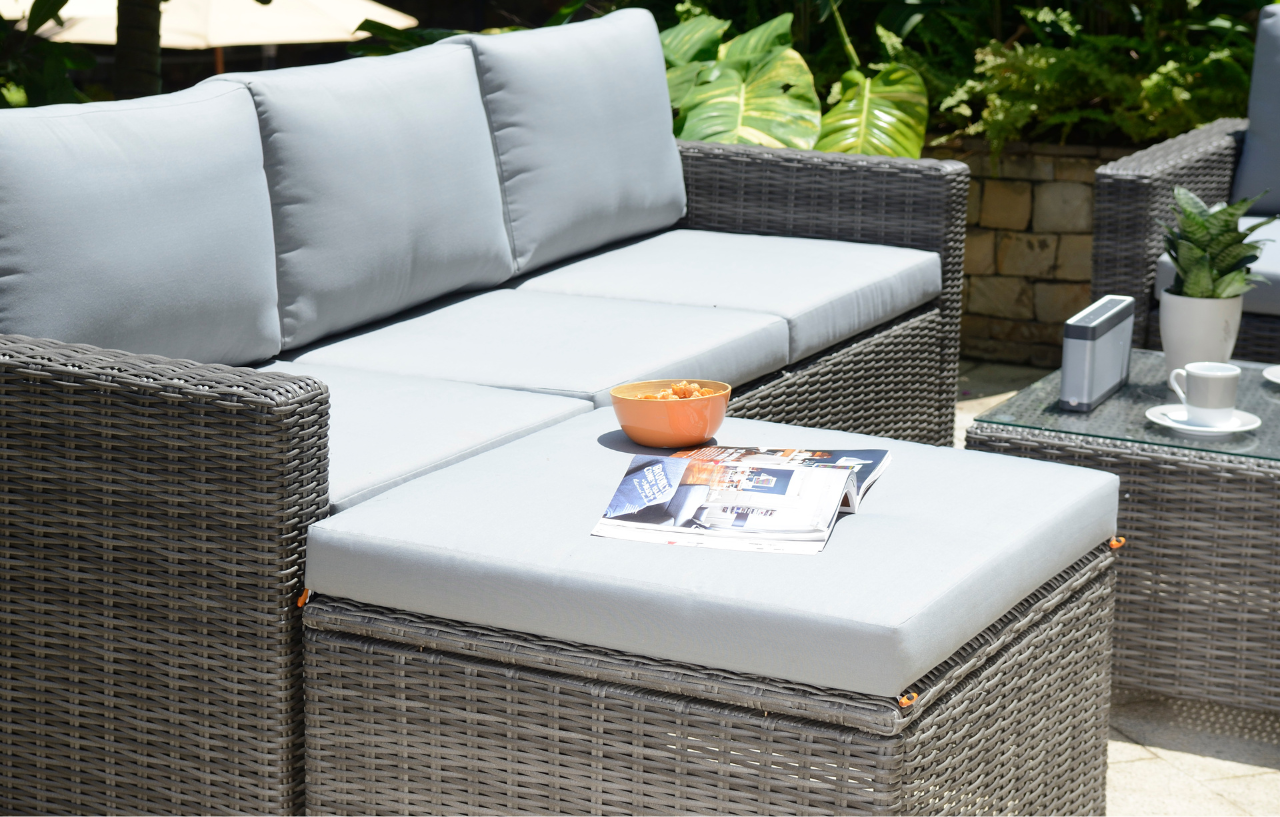 Marbella Grey 5-Seater Garden Sofa Set with Ottoman and Cover Bundle - PN Home