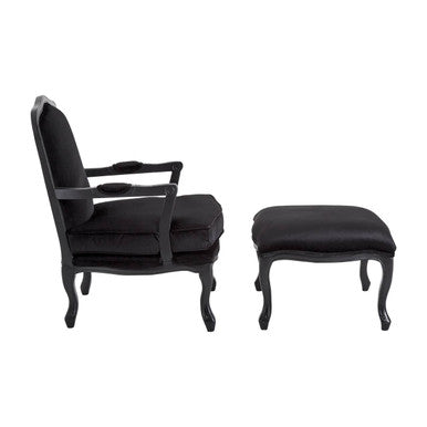 Rococo Black Shiny Velvet Chair And Footstool - PN Home
