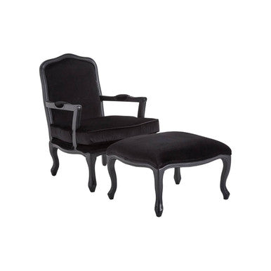 Rococo Black Shiny Velvet Chair And Footstool - PN Home