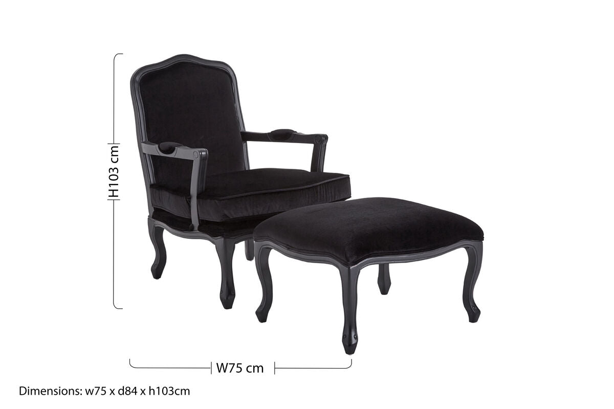 Rococo Black Shiny Velvet Chair And Footstool - PN Home