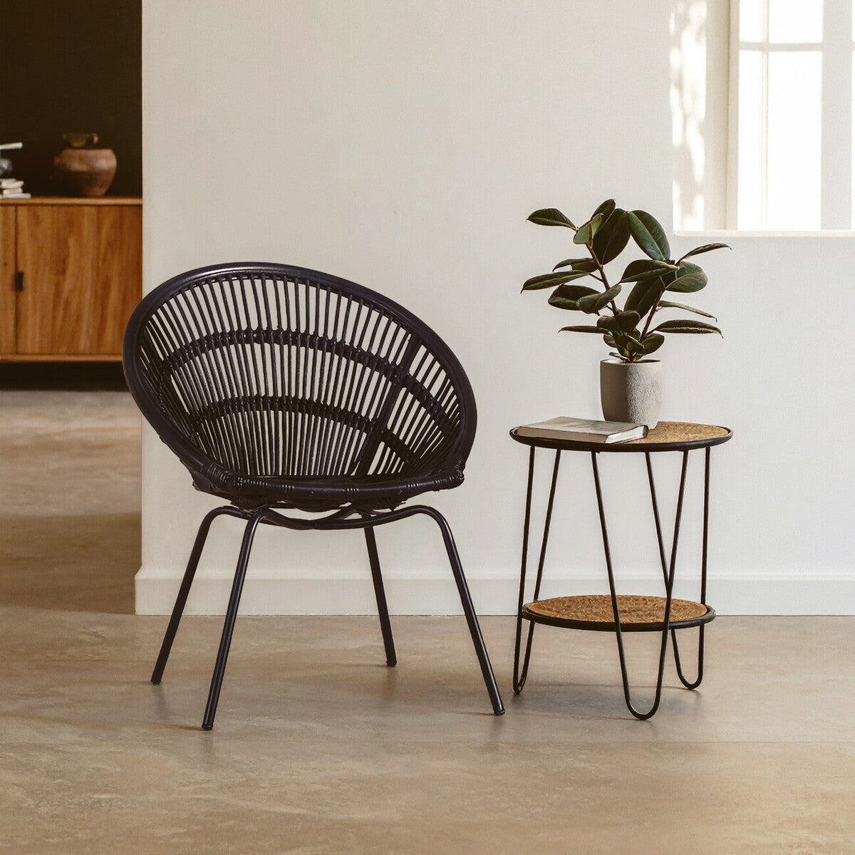 Lagom Black Natural Rattan Chair with Iron Legs - PN Home