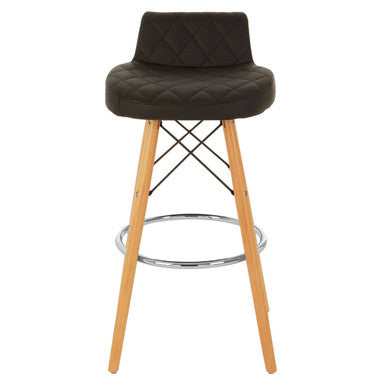 Stockholm Black Leather Effect Quilted Bar Stool with Wood Legs