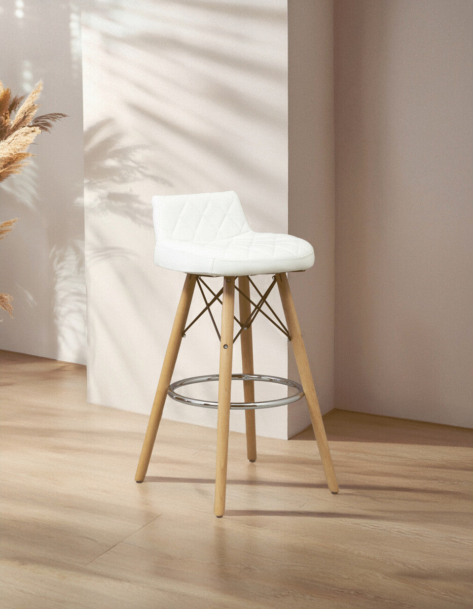 Stockholm White Leather Effect Quilted Bar Stool with Wood Legs