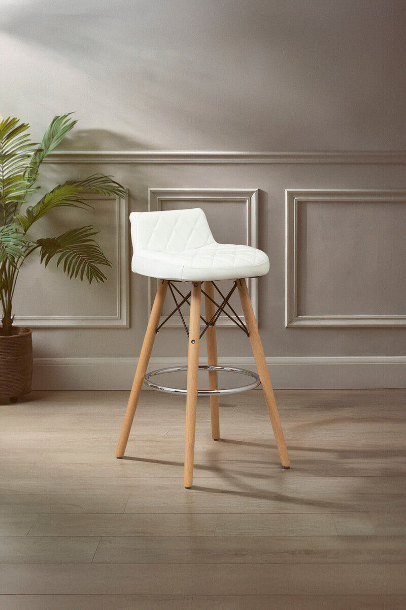 Stockholm White Leather Effect Quilted Bar Stool with Wood Legs