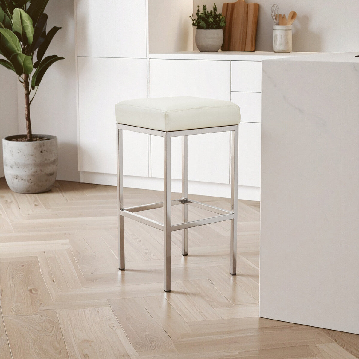 Baina White Leather Effect Bar Stool with Chrome Finish Legs