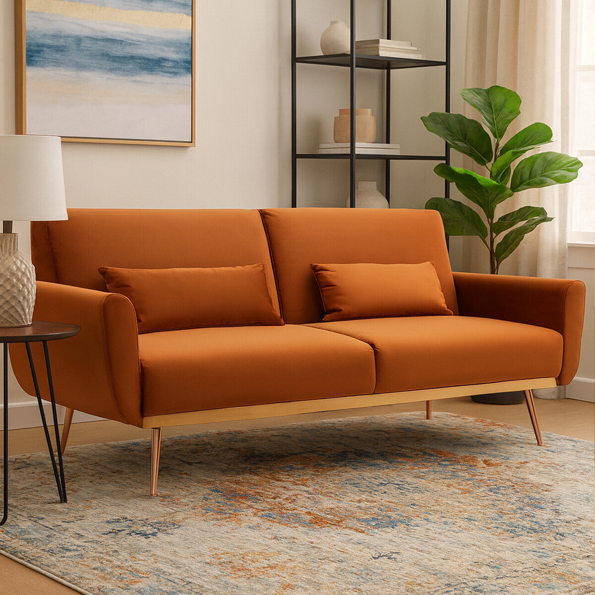 Burnt Orange Velvet Sofa Bed, Hatton - PN Home