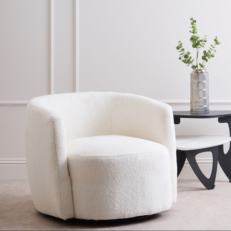 Montreal Ivory Boucle Effect Curved Lounge Chair With Swivel Base - PN Home