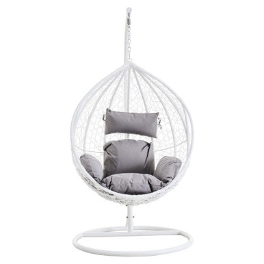 Goa White Rattan Effect Hanging Chair With Grey Cushions - PN Home