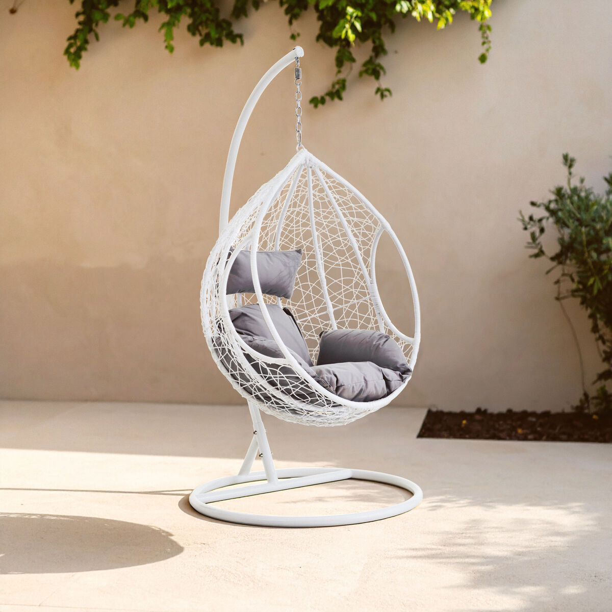 Goa White Rattan Effect Hanging Chair With Grey Cushions - PN Home