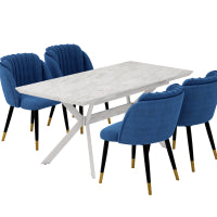 Milano Blaze LUX Dining Set | a White EXTENDABLE Dining Table & 4 Velvet Dining Chairs with Silver End Caps