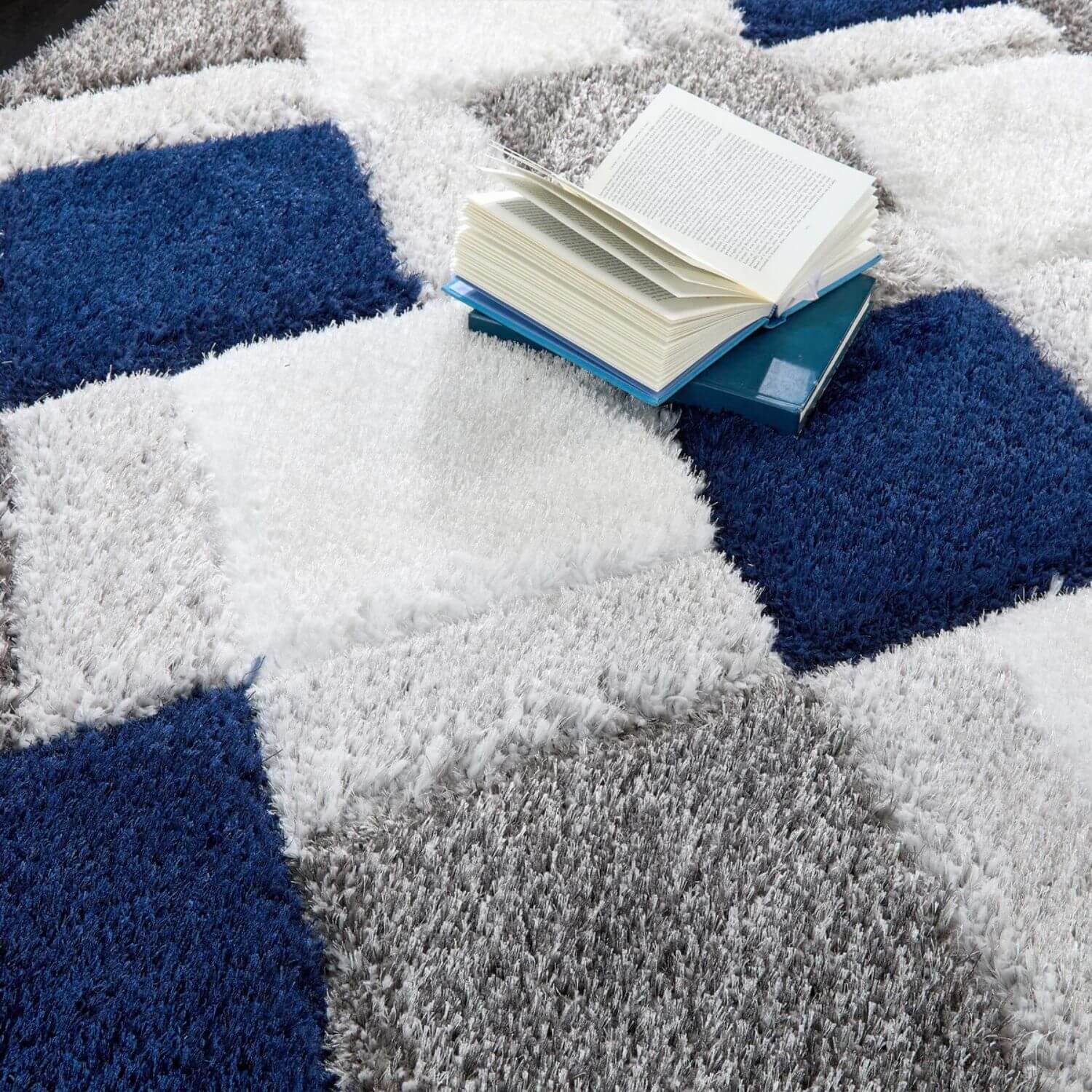 3D Navy Geometric Shaggy Rug - PN Home