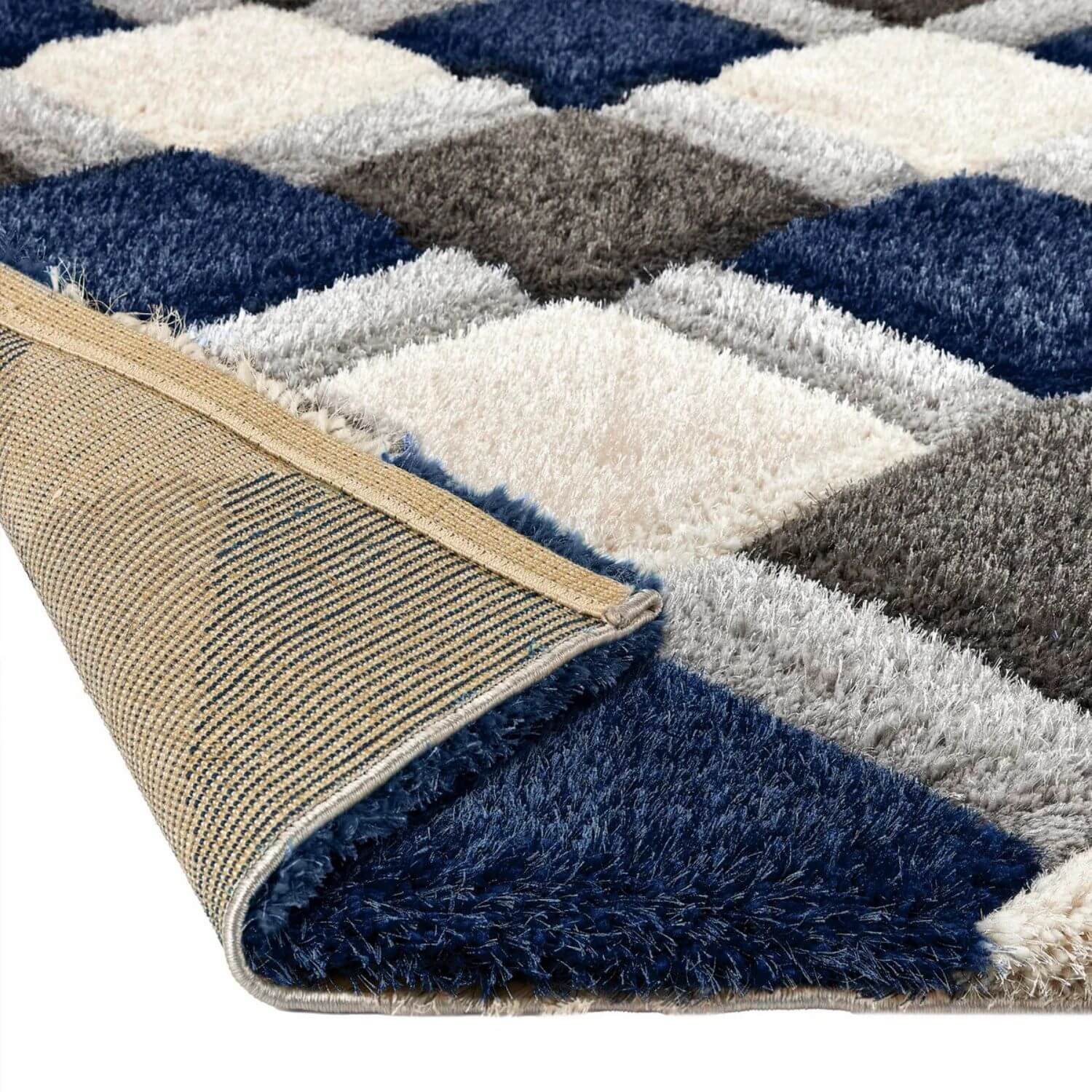 3D Navy Geometric Shaggy Rug - PN Home