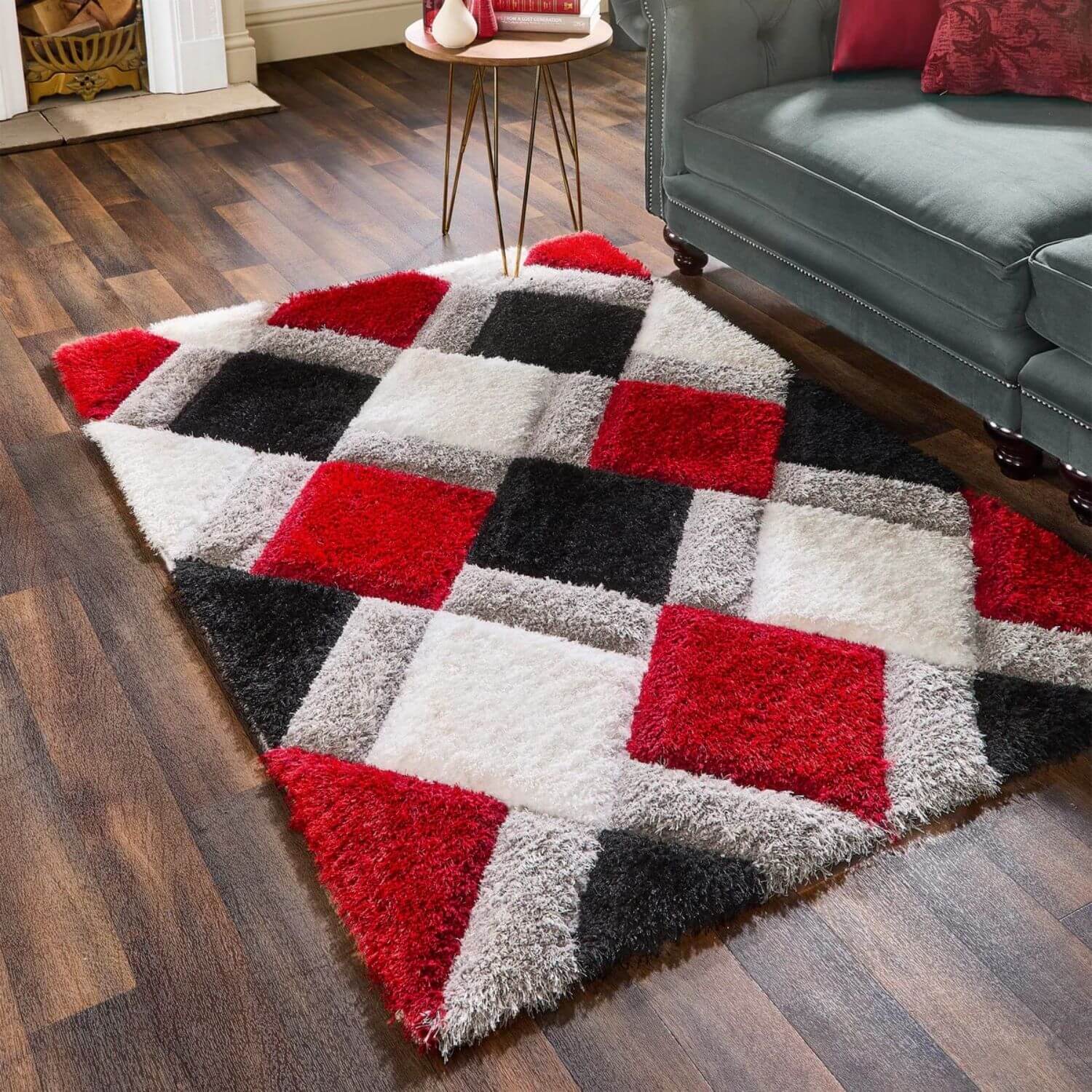 3D Red Geometric Shaggy Rug - PN Home