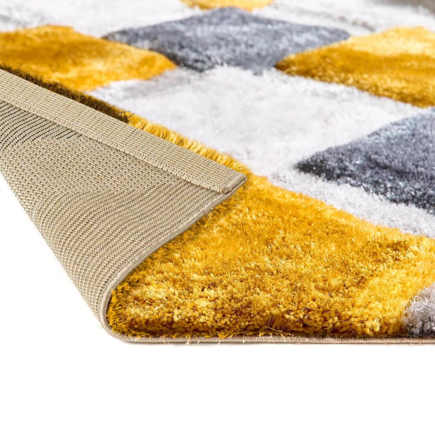 3D Ochre Geometric Shaggy Rug - PN Home