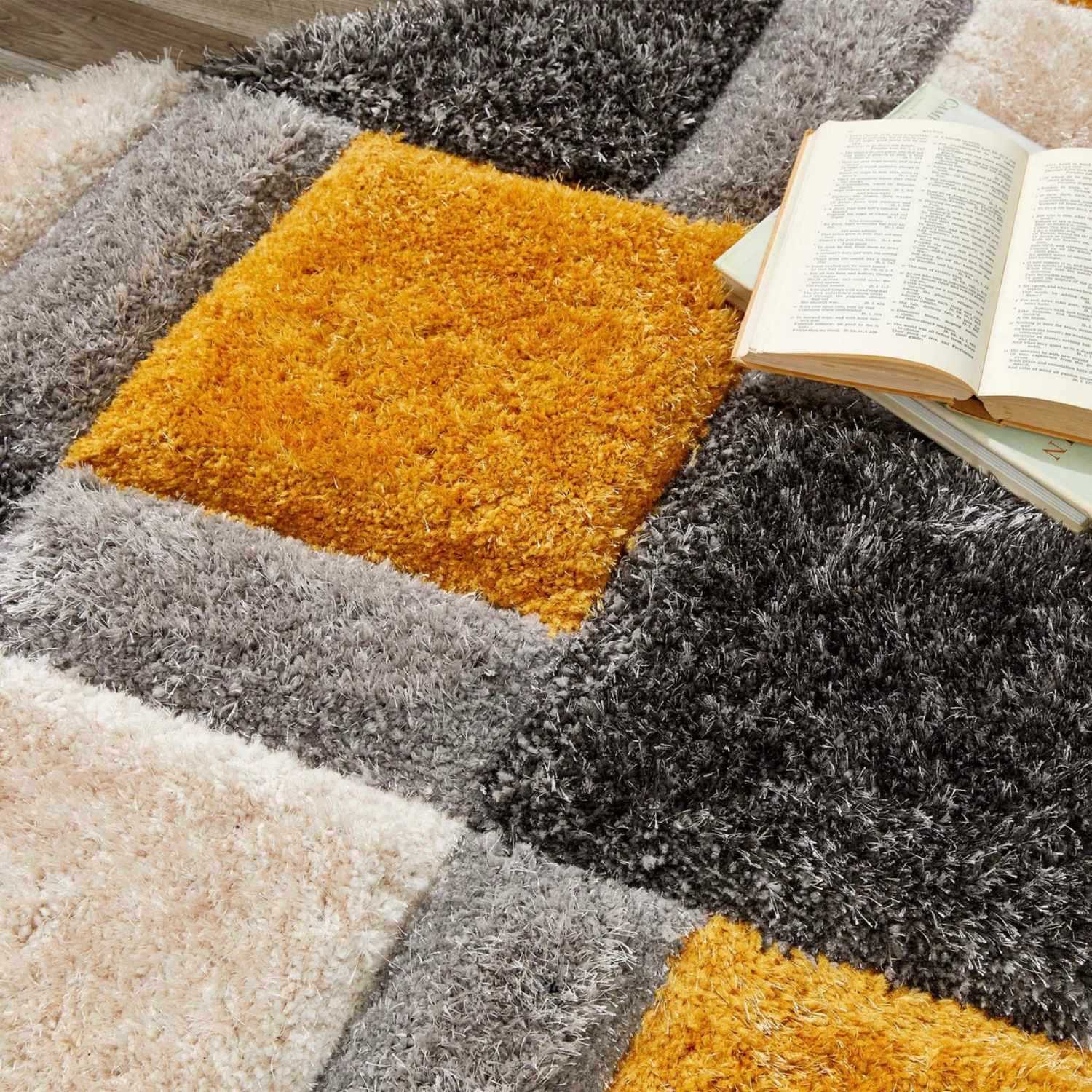 3D Ochre Geometric Shaggy Rug - PN Home