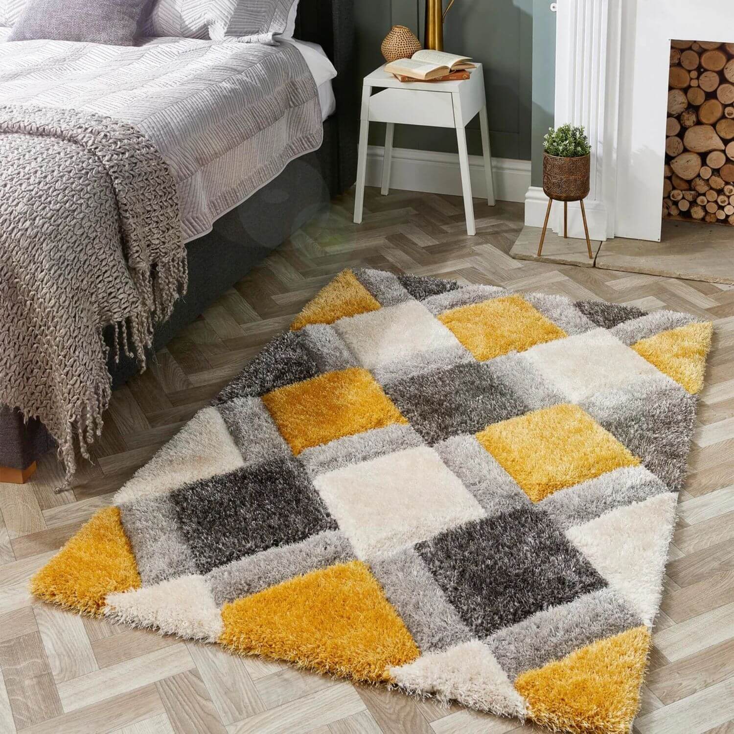 3D Ochre Geometric Shaggy Rug - PN Home