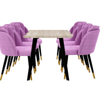 Milano Duke LUX Dining Set | a Light Walunt Dining Table & 6 Velvet Dining Chairs with Gold End Caps