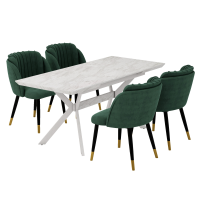 Milano Blaze LUX Dining Set | a White EXTENDABLE Dining Table & 4 Velvet Dining Chairs with Silver End Caps