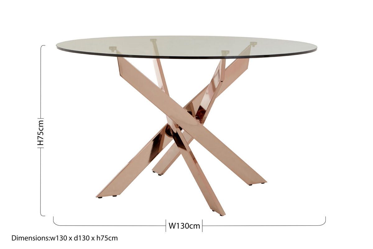 Round Tempered Glass Top Dining Table with Rose Gold Latticed Legs, Allure - PN Home