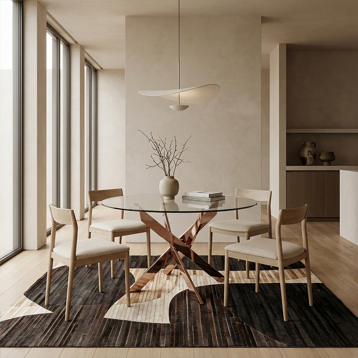 Round Tempered Glass Top Dining Table with Rose Gold Latticed Legs, Allure - PN Home